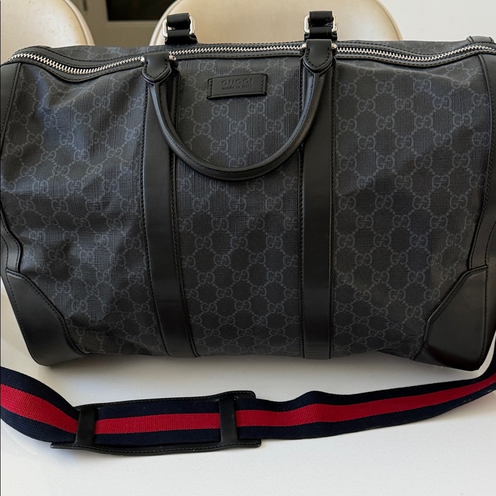 Gucci Black GG Canvas Weekend Duffel with Striped Web Strap